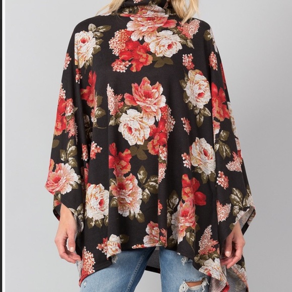 Floral Turtleneck Poncho Sweater Top - Picture 2 of 4